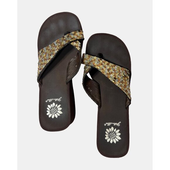 ✅3/$20 Swim Sale-YELLOW BOX Flip-Flop Wedge Sandals (Gold & Silver) Size 6.5 - Picture 1 of 8